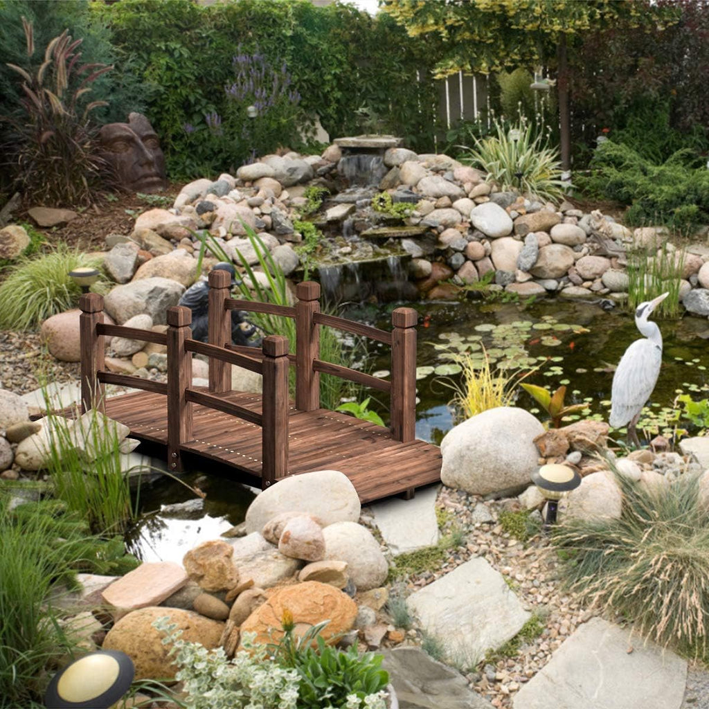 S AFSTAR Wooden Garden Bridge, 5FT Stain Finished Arch Footbridge with Safety Rails for Garden Patio Yard, Outdoor Pond Bridge & Wishing Well Planter Set