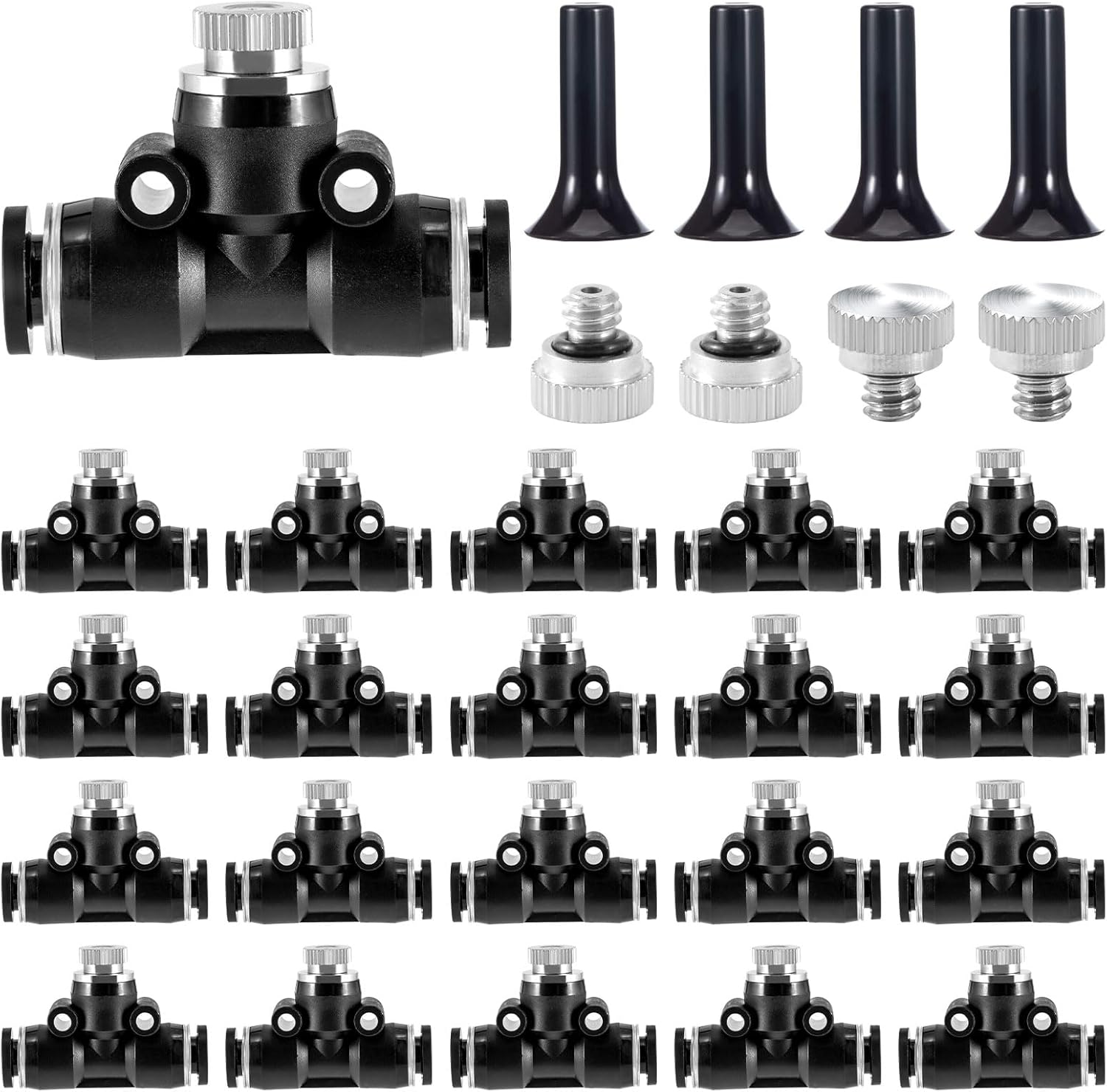 48 Pcs Brass Misting Nozzles Kit,0.012 Orifice (0.3 mm) 10/24 UNC Mister Nozzles 1/4 Inch Sliding Lock Tees for Outdoor Cooling System 20 Misting Tees,20 Spray Nozzles,4 Brass Plugs,4 Black Plugs