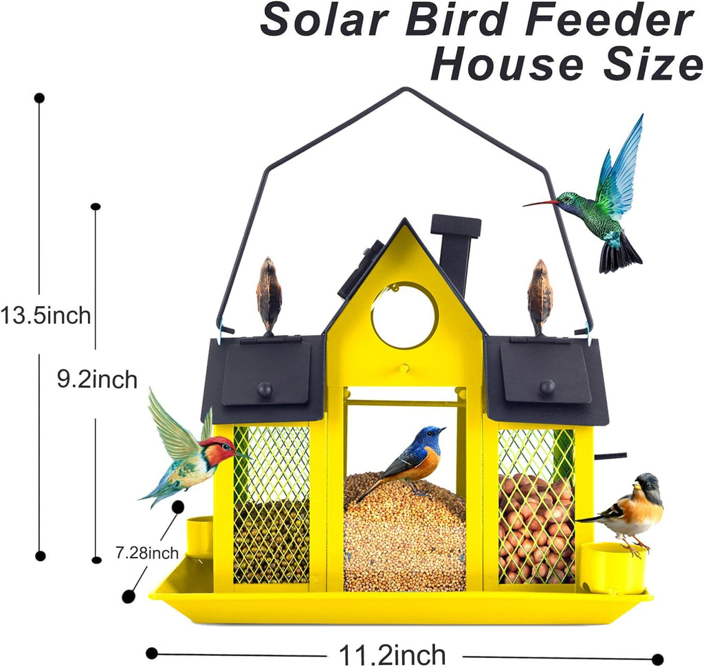 Solar Bird Feeders House for Outside Hanging, Metal Wild Bird Feeder for Outdoors, Large Cardinal Bird Feeder Birdhouses Squirrel Proof (Yellow)
