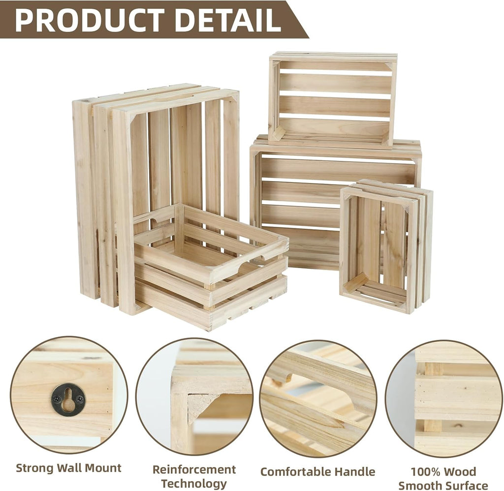 Wooden Crates, Unfinished Set of 5 Large Wood Crates with Handles, Rustic Farmhouse Wooden Crate for Decor, Wedding Birthday Home Party Living Room Kitchen Decoration