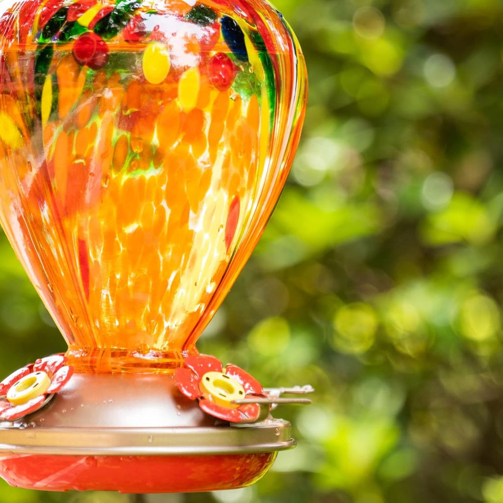 Muse Garden Hummingbird Feeders for Outdoors Hanging, Blown Glass Hummingbird Feeder Gifts for Mom, Garden Decor for Outside, Unique Gifts Idea for Women, 34OZ, Orange Fireworks