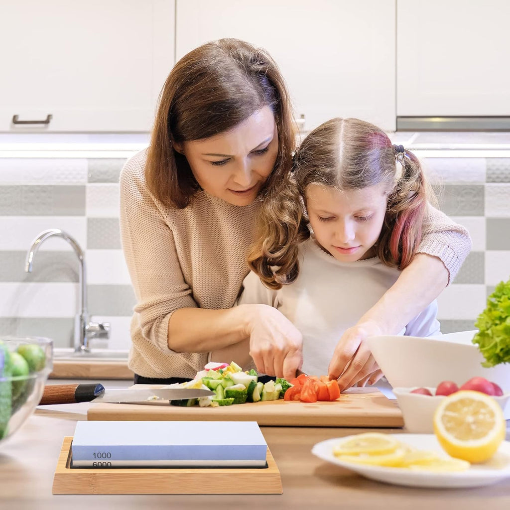 Whetstone Knife Sharpening Stone Kit: Double Straight Chef Sharpener Set - 200/800 1000/6000 Coarse Fine Grit kitchen Professional 2 Sided Honing Wet Stones Slip-Resistant Bamboo Base and Angle Guide