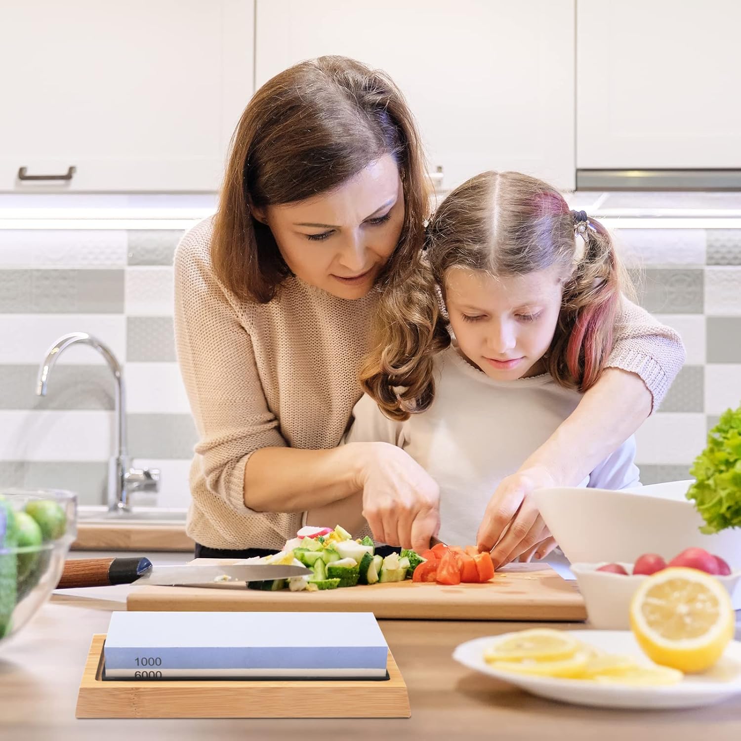 Whetstone Knife Sharpening Stone Kit: Double Straight Chef Sharpener Set - 200/800 1000/6000 Coarse Fine Grit kitchen Professional 2 Sided Honing Wet Stones Slip-Resistant Bamboo Base and Angle Guide