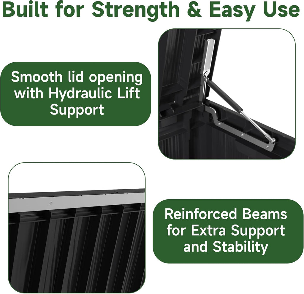 80 Gallon Outdoor Storage Box Waterproof, UV Resistant Resin Deck Box with Hydraulic Rod, Reinforced Stability for Patio, Garden, Striped Black