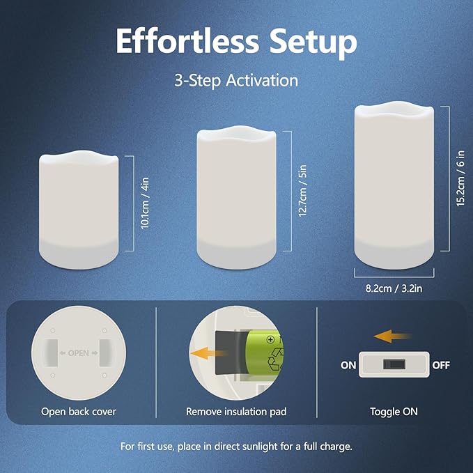 salipt Solar Powered Candles - 3.25" x 4"5" 6" Waterproof LED Flameless Pillar Candle Set,Dusk to Dawn, Rechargeable Solar Battery Included,Waterproof for Patio Decor,Set of 3