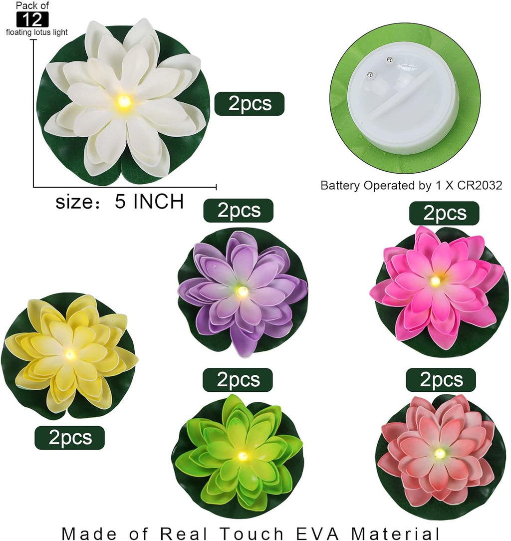 12 PCS Waterproof Floating Lotus Light - Diwali 5 Inch Floating Flower Light Battery Operated Water Activated Warm White Light Pool Flower Lamp Wedding,Anniversary,Garden Decoration(Mix-Color)