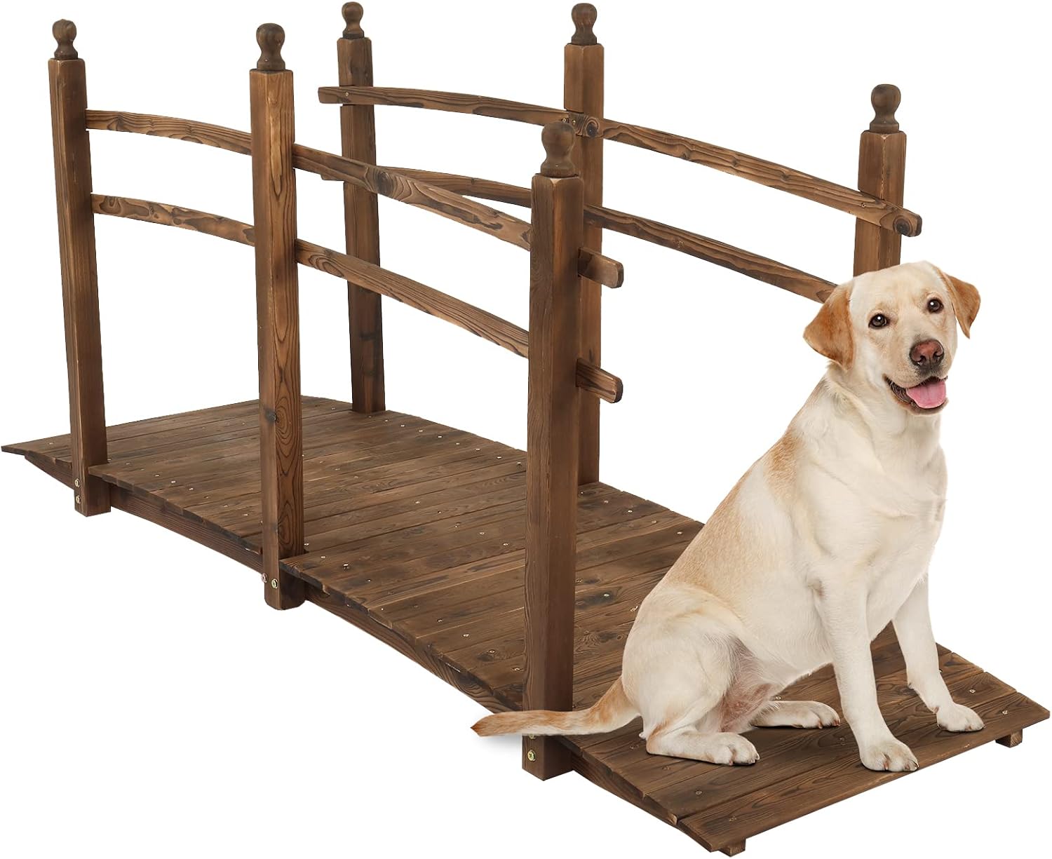 VINGLI 7.5 ft Garden Bridge, Arch Walkway Wooden Bridge with Safety Rails Stained Finished, Decorative Landscaping Footbridge for Koi Pond, Dry Creek Bed, Garden Pathway or Rustic Wedding Decor