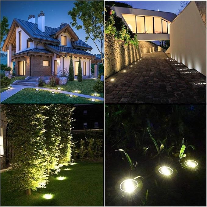 Solar Ground Lights, 4 Pack 8 LED White Solar Pathway Lights, Waterproof, Modern, Outdoor, In-Ground, Garden, Path, Deck, Lawn, Patio, Walkway