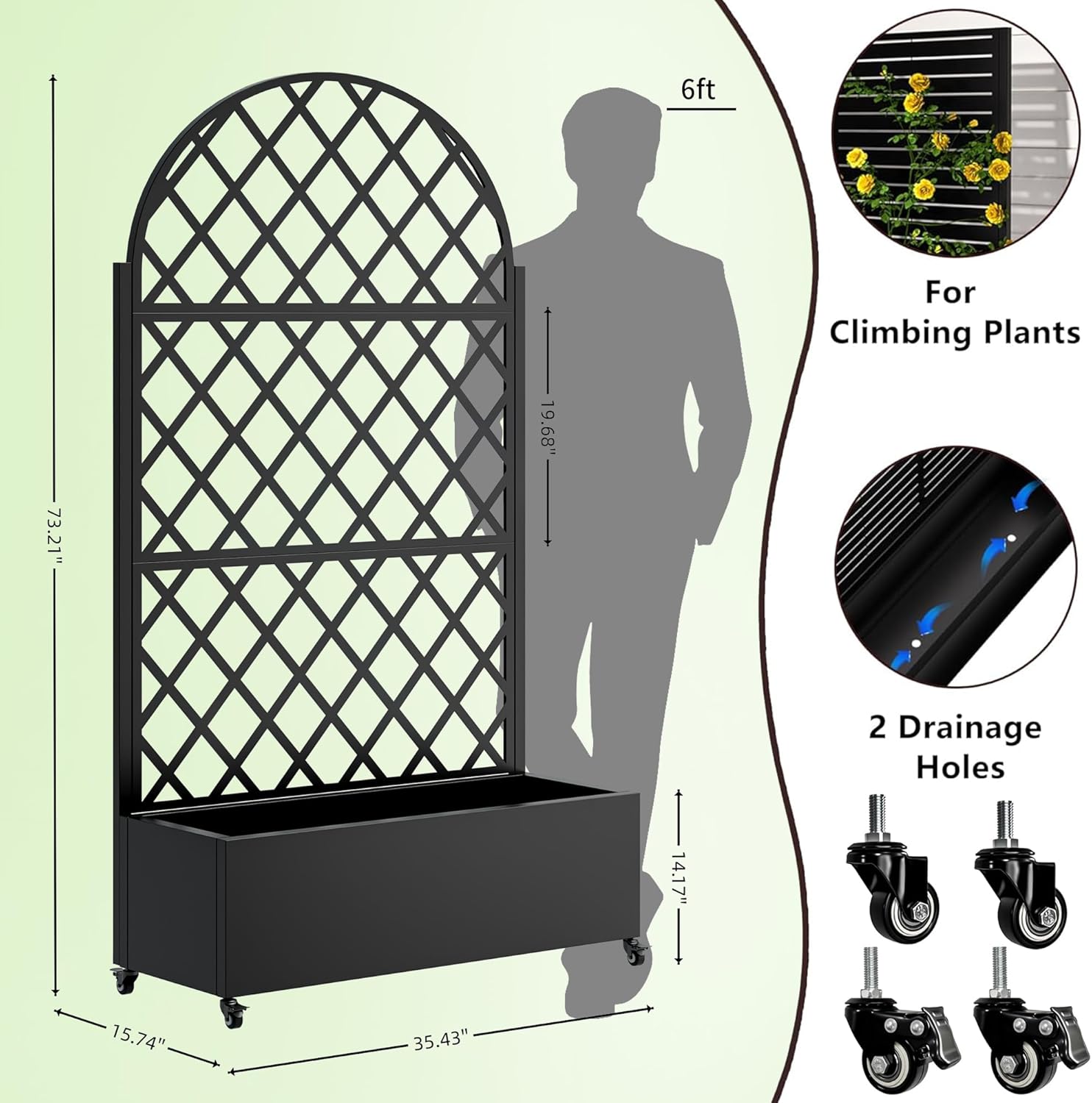 Metal Planter Box with Trellis and Wheels, 73"x35"x16" Galvanized Steel Raised Garden Bed with Drainage Holes and Privacy Screen Function for Climbing Plants, Vegetables, Flowers, and Vines–Black