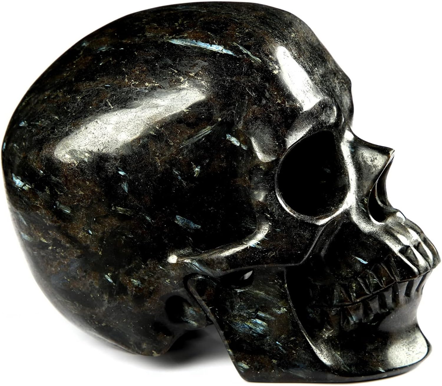 Skullis 5.0" Russian Arfvedsonite Hand Carved Crystal Skull, Super Realistic, Crystal Healing, Hand Carved Gemstone Fine Art Sculpture, Reiki Healing Stone Statue. z8