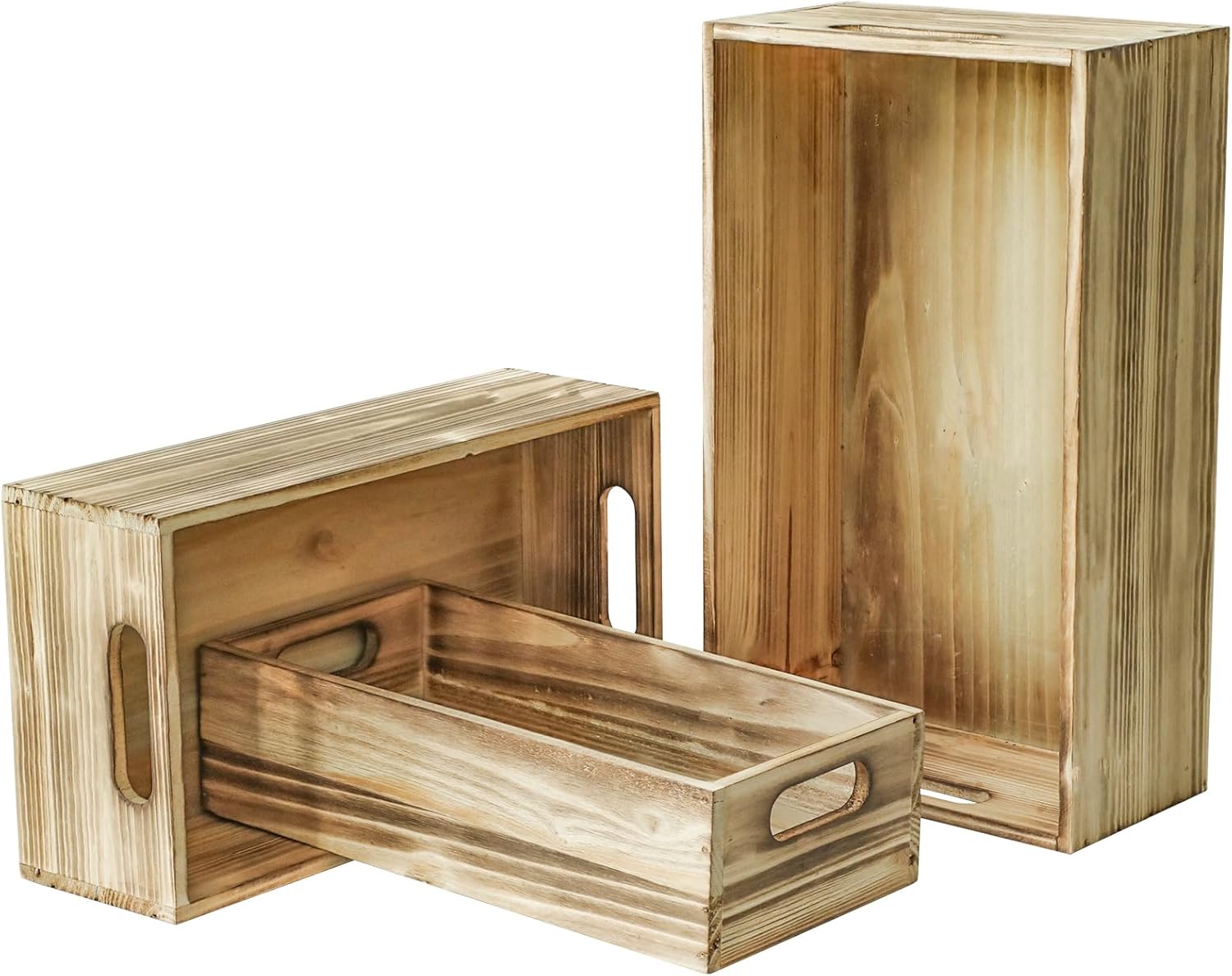 Wooden Boxes, Large Wooden Crates Set of 3 Vintage Torched Brown Wood Storage Crates for Display Home Party Office Bedroom Kitchen Closet