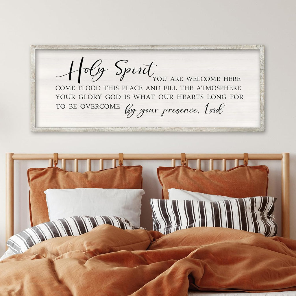 RLWangChao Christian Inspirational Wall Decor Holy Spirit You are Welcome Here Sign 40×15 Inch Bible Verse Plaque Religious Scripture Quote for Living Room Large Wood Framed Wall Hanging (White)