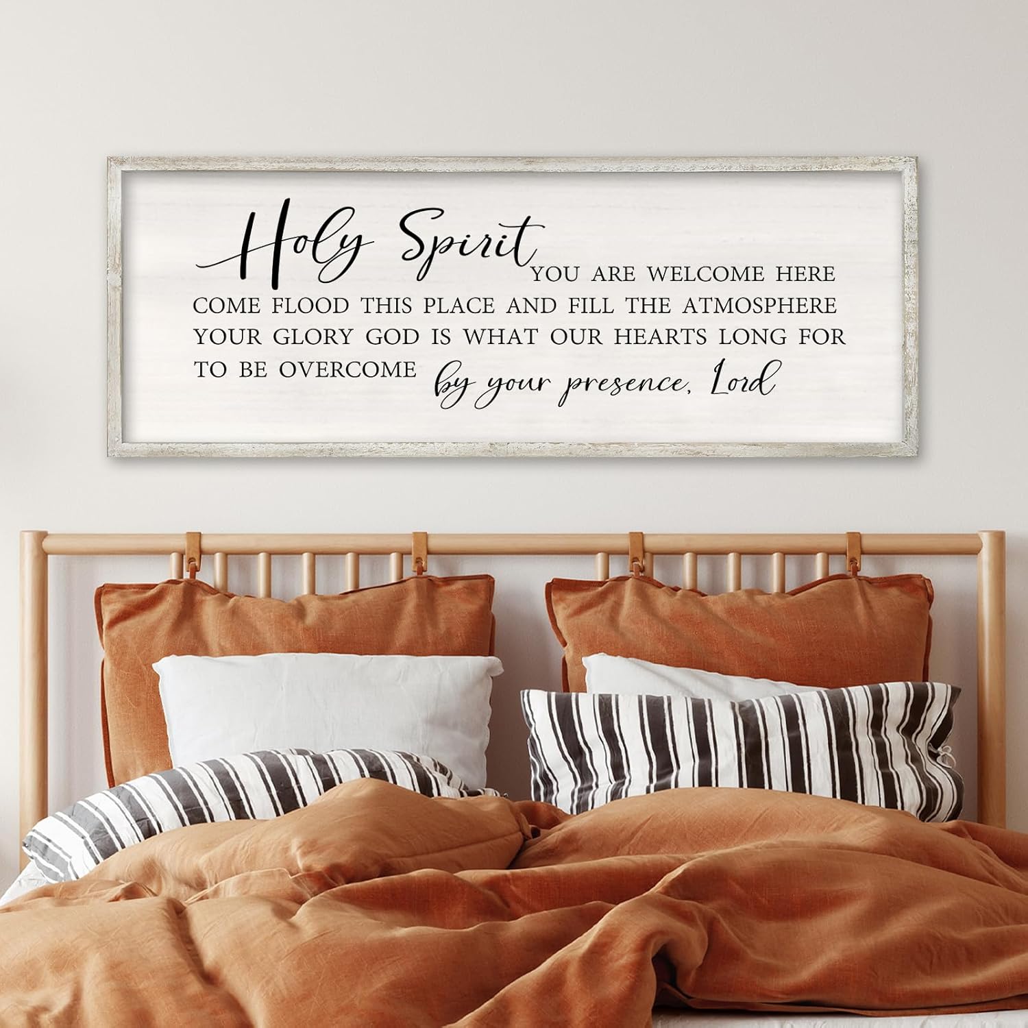 RLWangChao Christian Inspirational Wall Decor Holy Spirit You are Welcome Here Sign 32×12 Inch Bible Verse Plaque Religious Scripture Quote for Living Room Large Wood Framed Wall Hanging (White)