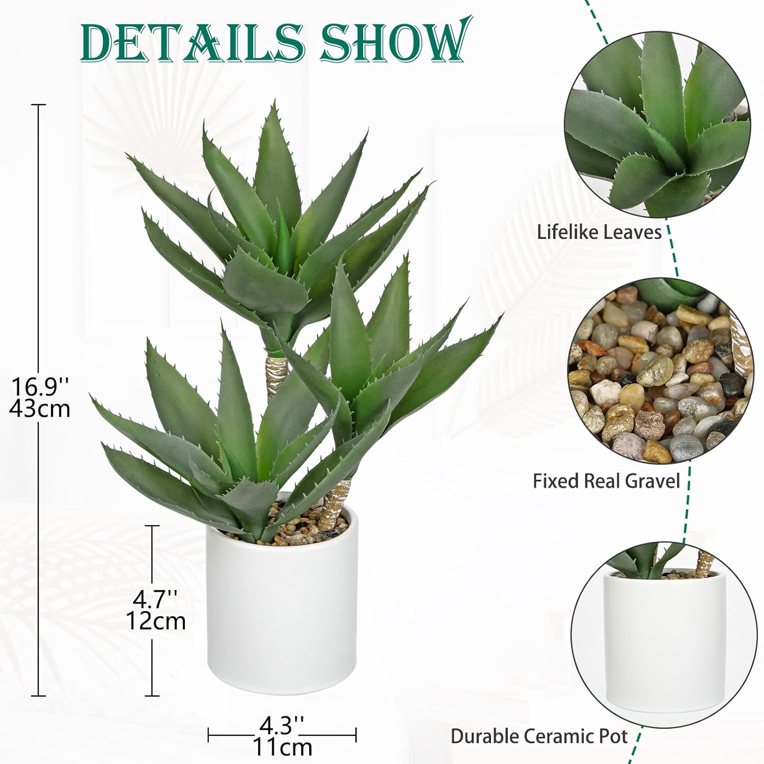 Hollyone Large Artificial Agave Plants Fake Three-Head Agave Succulent Plant Potted 17" Faux Plant Succulent Aloe Vera Plants Indoor for Desk Modern Home Decor