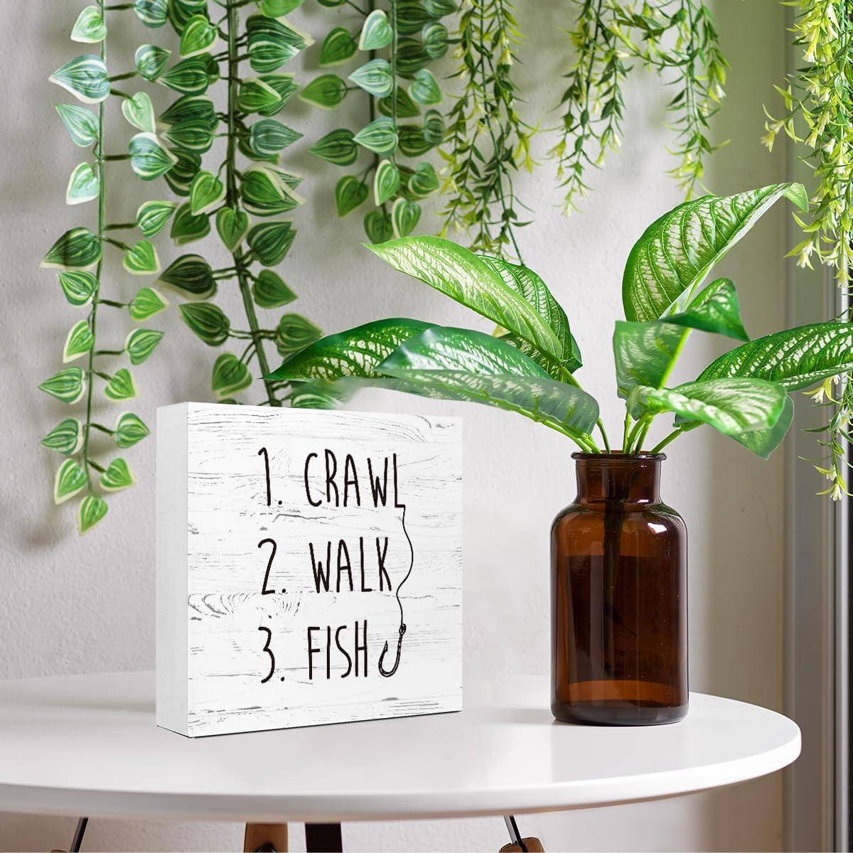 White Crawl Walk Fish Rustic Wooden Sign Desk Decor, Funny Baby Fishing Wood Block Sign for Home Bedroom Baby Room Shelf Table