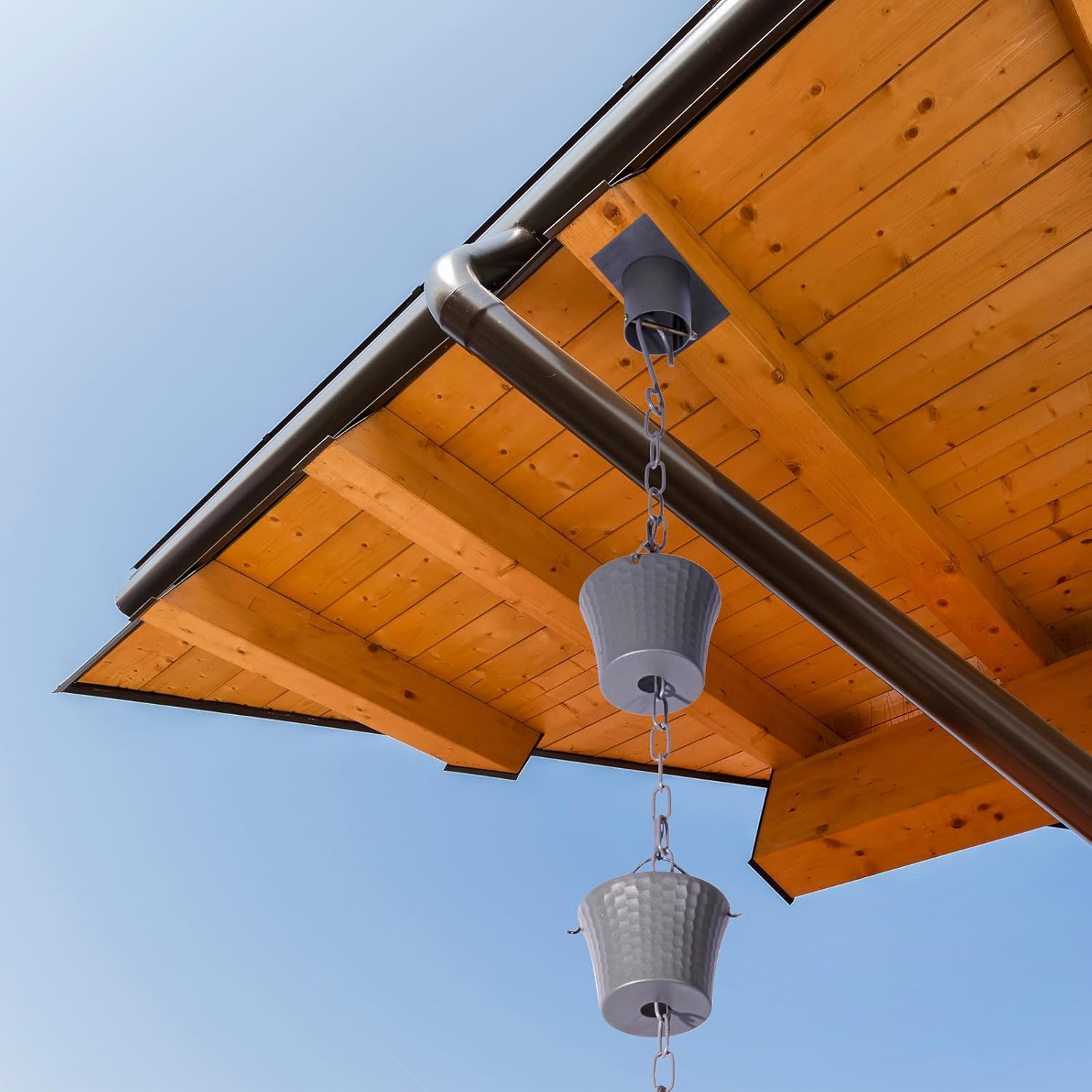 Rain Chain for Gutters with Adapter,Wrought Iron Rain Chains Set 8.5 Ft,Not Rust, Gotta Drain with Sturdy Anchoring Stake, 14 Cups, 1 Hook, Adjustable Gutter Downspout for Outdoor(Blue Gery)