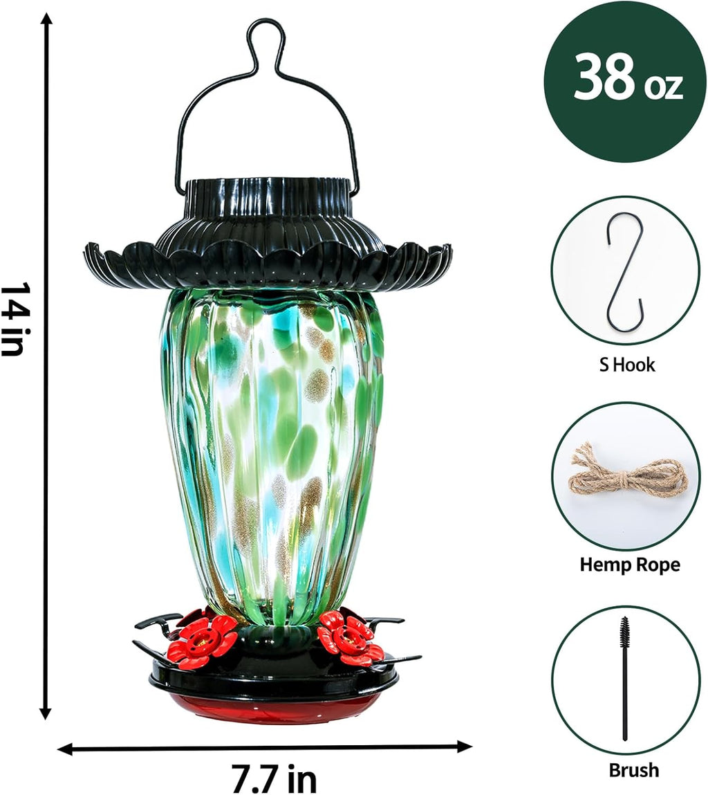 Muse Garden Solar Hummingbird Feeders for Outdoors Hanging, 38oz Hand Blown Glass Humming Bird Feeders for Garden Decor, Moms Birthday Unique, Green