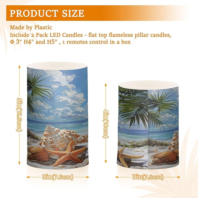 Flickering Flameless Candles, Starfish Seashell Beach Palm LED Candles with Remote Timer, Set of 2 Battery Operated Candle for Valentine Wedding Birthday