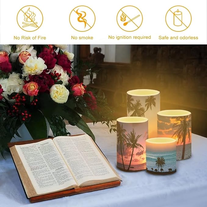 Flameless Light Candles for Home Decor, Battery Operated Candles with Color Changing Timer Remote Control 3'' 4'' 5'' 6'' Fake Pillar Candles Tealights, Coconut Tree Various