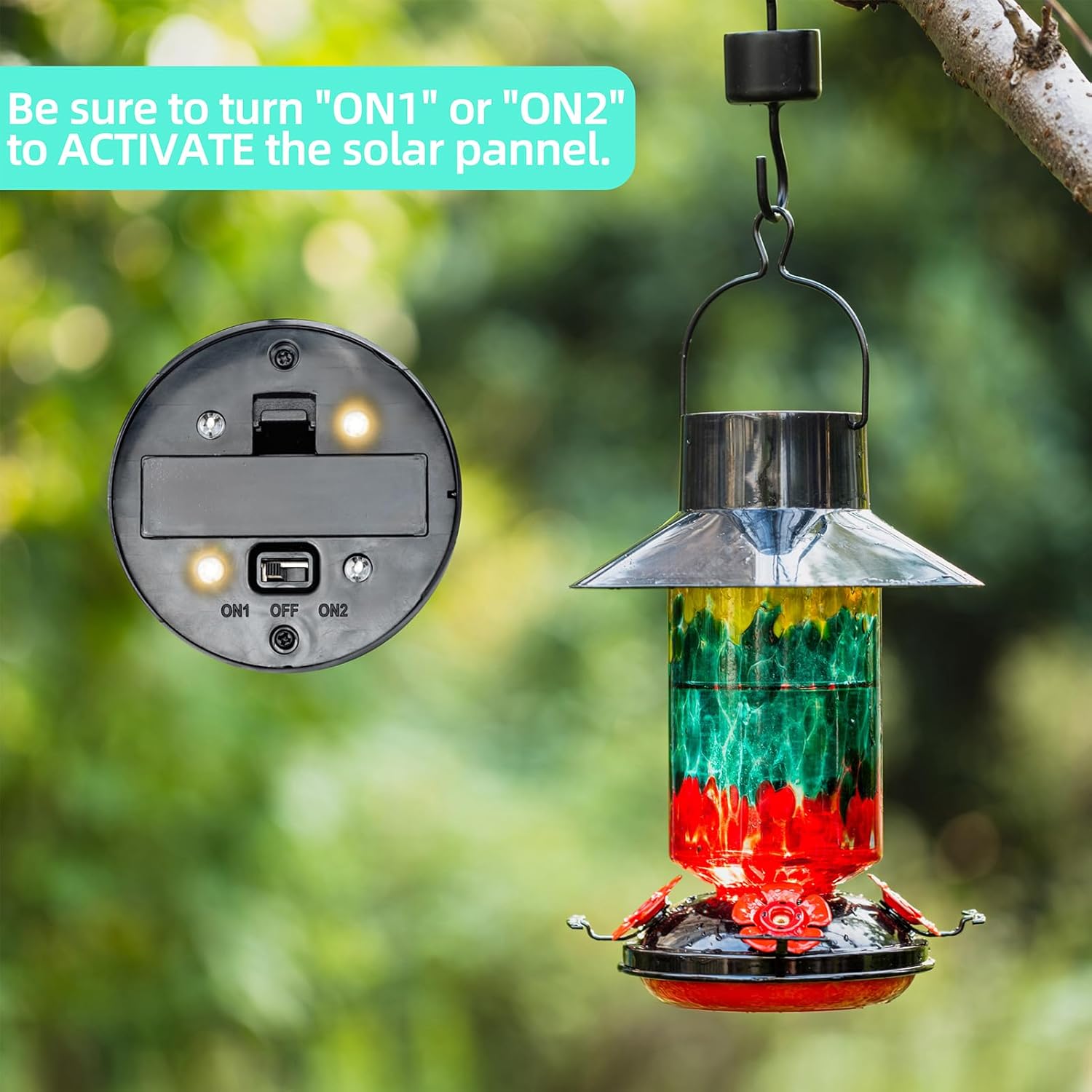 Muse Garden Gifts for Women Solar Hummingbird Feeders for Outdoors Hanging Ant and Bee Proof, Hand Blown Glass Lantern Garden Decor, Moms Birthday Unique, 28oz, Teal Yellow
