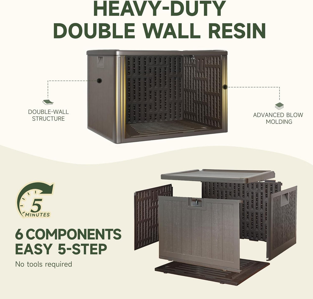 40 Gallon Deck Box, Double Layer Waterproof Resin Outdoor Indoor Storage Box, Lockable & UV Resistant Storage Bin for Patio Furniture, Garden Tools, Pool Accessories (Brown)