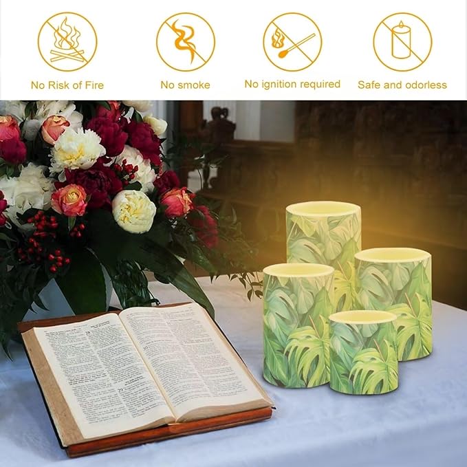 Flameless Light Candles Battery Operated Candles with Color Changing Timer Remote Control Fake Pillar Candles Tealights Home Indoor Desktop Decorations, Green Monstera Leaf