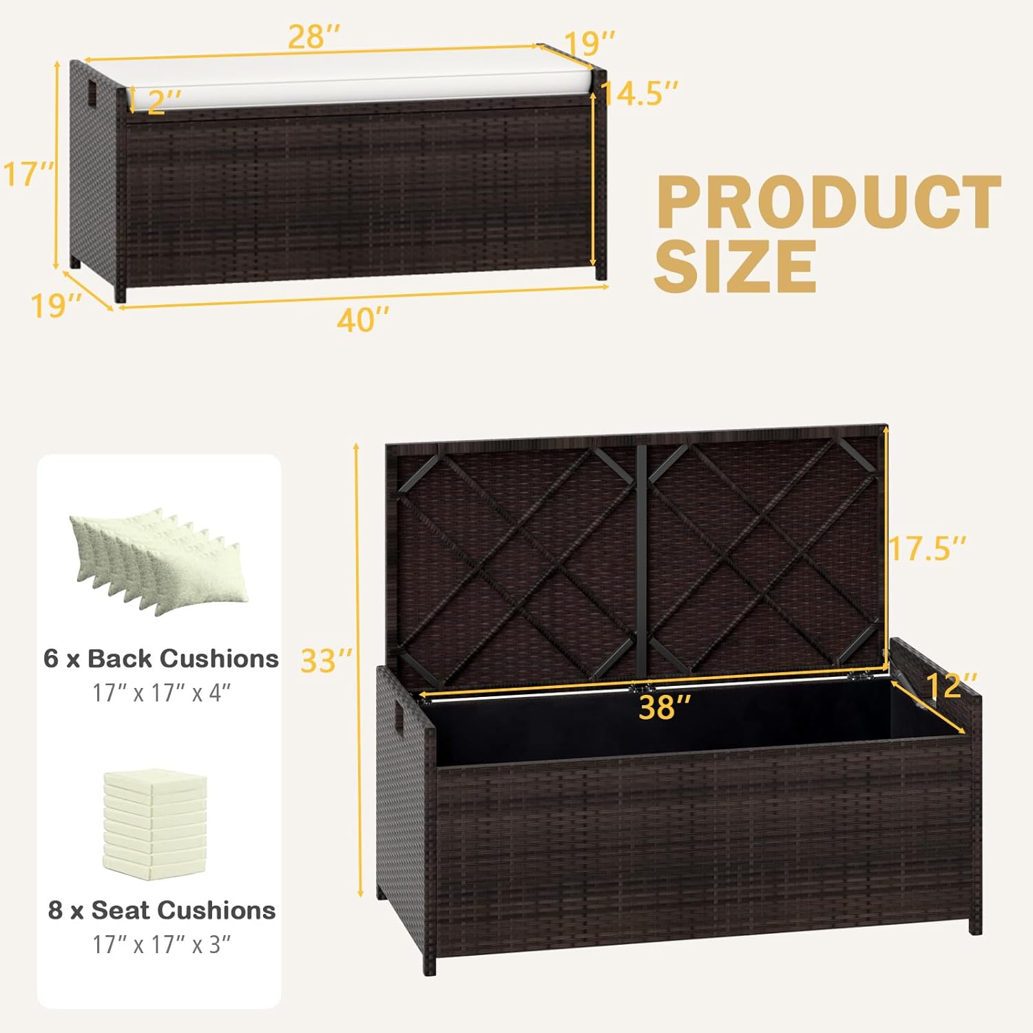 RELAX4LIFE 34-Gallon Outdoor Storage Box - Wicker Rattan Deck Box w/Seat Cushion, Waterproof Liner & Side Handles for Pillows, Patio Cushions, Pool Supplies, Garden Tools, Porch Outdoor Storage Bench