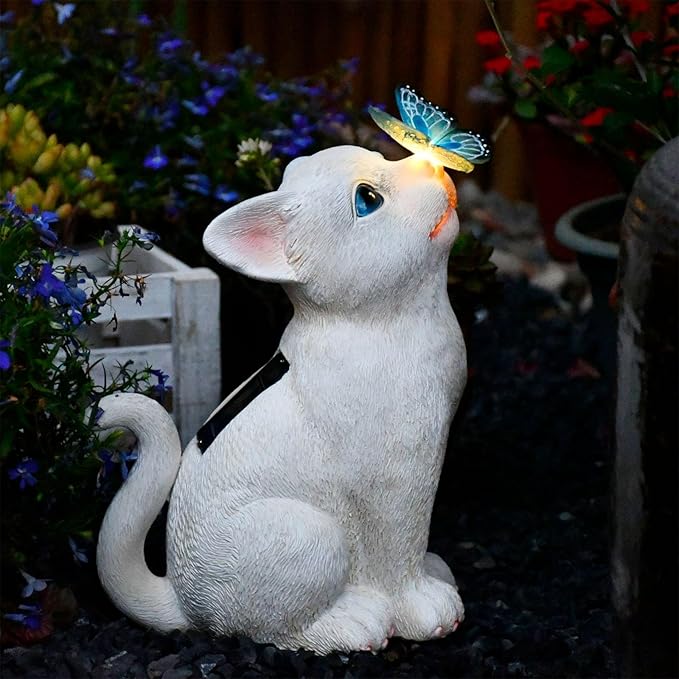 Cat Garden Figurines Outdoor Decor Solar Statue with LED Lights for Patio Lawn Yard Art Decoration Housewarming Garden Gift