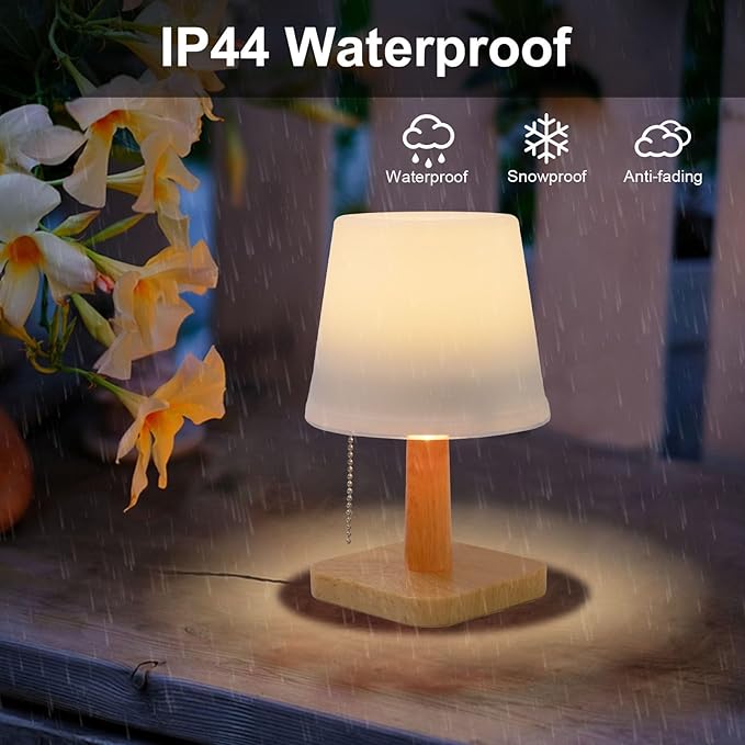 pearlstar Solar Table Lamp Outdoor - 2 Pack LED Waterproof Cordless Solar Desk Lamp with Pull Chain 2 Lighting Modes, Auto ON/Off for Outside Patio Coffee Table Garden Bedroom Living Room(White)