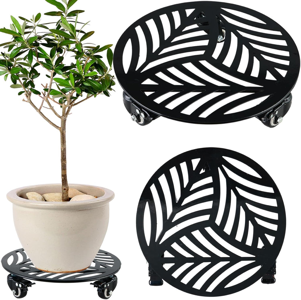 1 Pack 12 inches Large Metal Plant Caddy with 3 PU Metal Wheels Rolling Plant Stand with Casters Indoor Outdoor Wheeled Planter Roller Base Pot Movers Plant Dolly Coaster Trolley Black