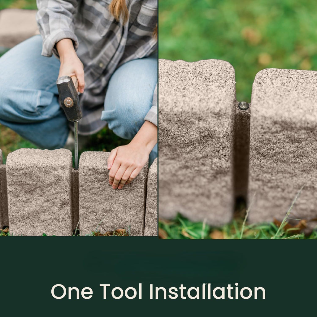Beuta Landscape Edging | Garden Edging Border | Faux Stone Block XL for Lawn Edging, Flower Beds & Yard Edging – 1 Pack | Each Section Has 6 Blocks 48" L x 4" W x 9.5" H | 3 Spikes | Cobblestone