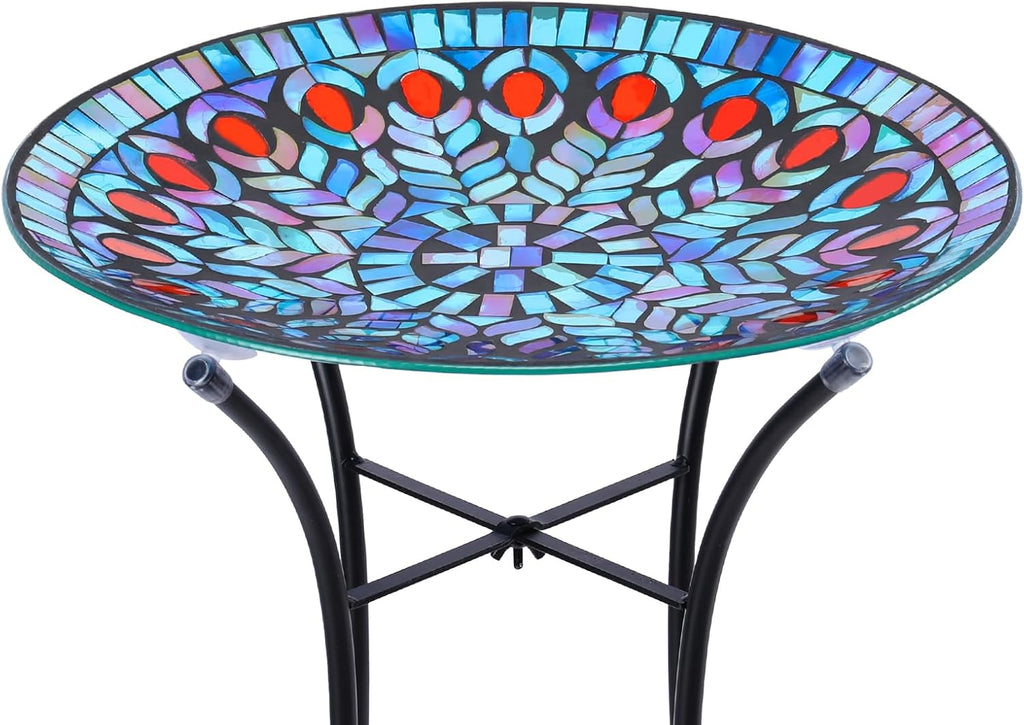 VCUTEKA Mosaic Bird Bath, Glass Birdbath Detachable with Metal Standing for Outdoor Patio Garden Backyard Décor