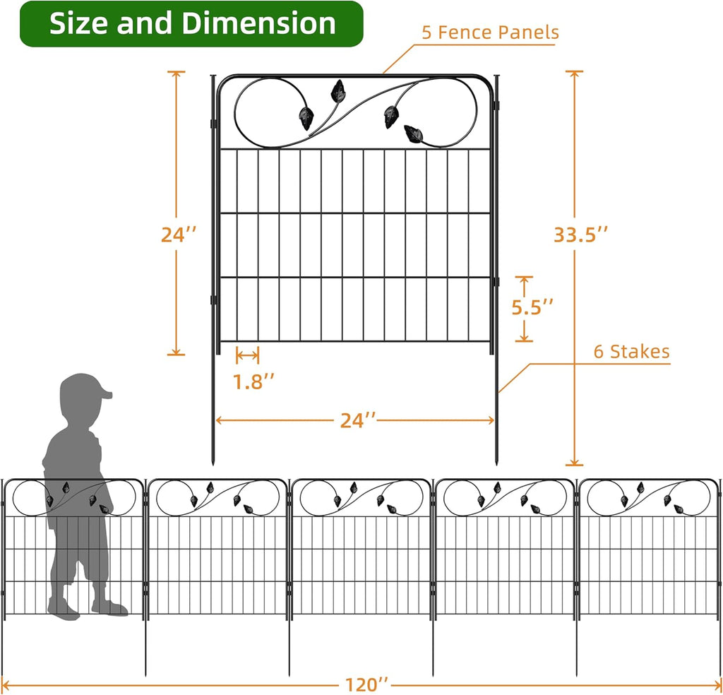 Decorative Metal Garden Fence 24in(H) X10ft(L) 5 Panels Leaf Black Rustproof Wire Border Fence for Landscape Patio Flower Bed Garden Fencing Panel Animal Barrier for Dogs