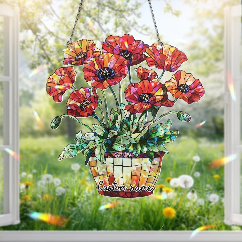 Red Poppy Flower Basket Suncatcher – Stained Glass Window Hanging, Sun Catchers Indoor Window, Ornament for Home Decor, Garden Decoration Housewarming