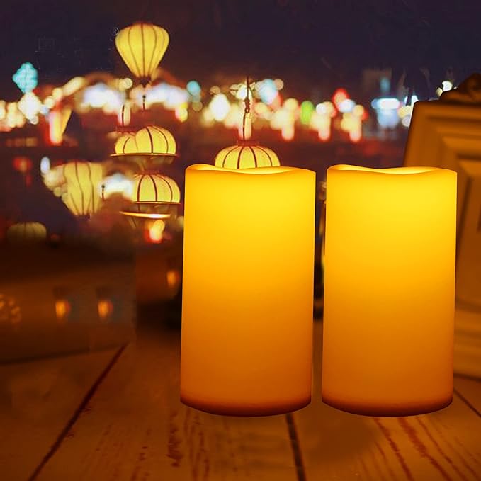 Waterproof Outdoor Battery Operated Flameless Pillar Candles with Timer White Plastic Realistic Flickering Fake Electric LED Lights for Lantern Garden Wedding Christmas Decorations 3”x5” 2 Pack