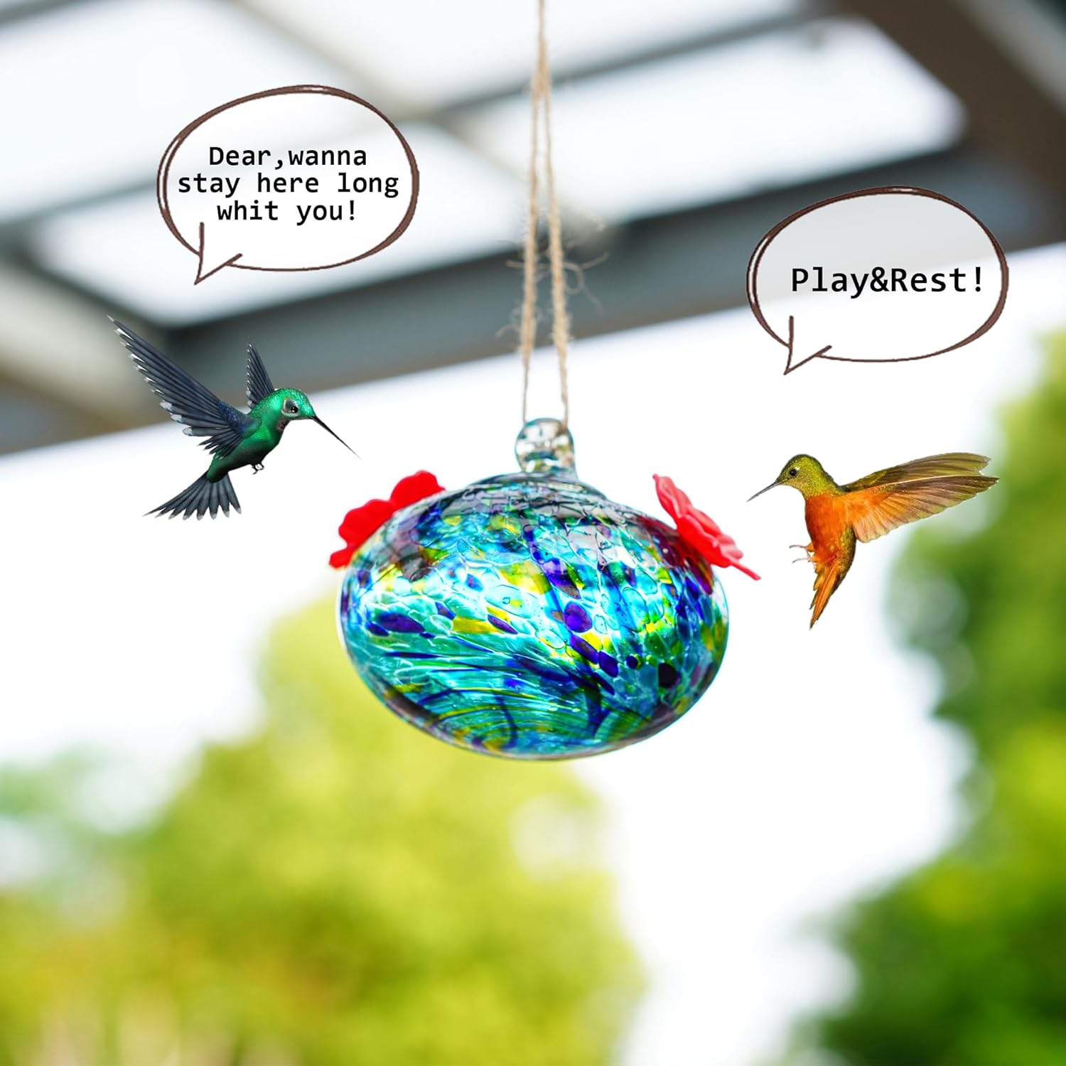 3.3OZ Glass Hummingbird Feeder with 2 Feeding Ports Blown Glass Hummingbird Feeder for Outdoors Hanging Garden Patio Decoration Uniques Gifts for Women