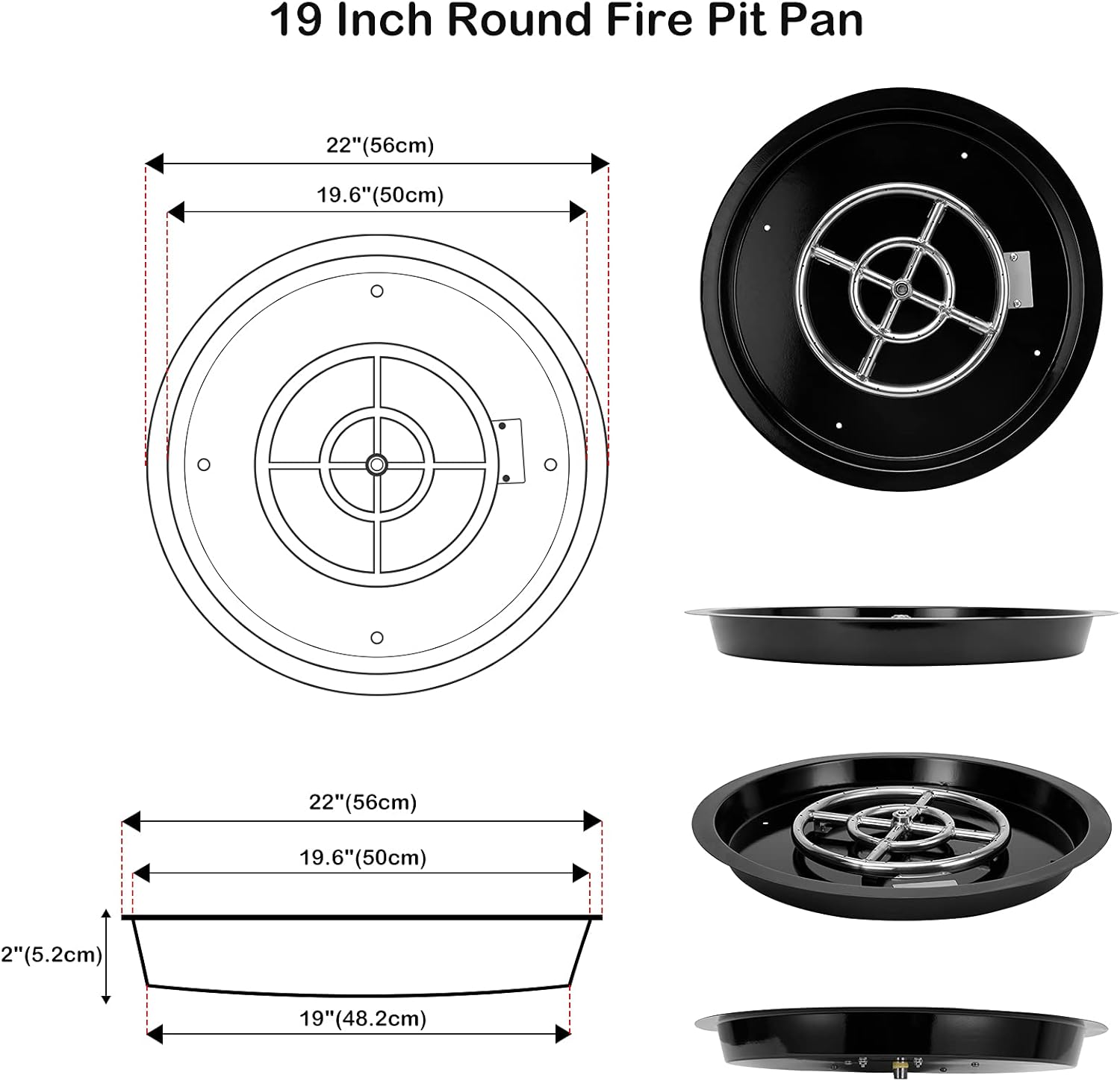 Stanbroil 19-Inch Round Fire Pit Burner Pan, Drop-in Gas Firepit Insert for DIY Fire Pit Table, Porcelain Steel, BTU 92,000 Max