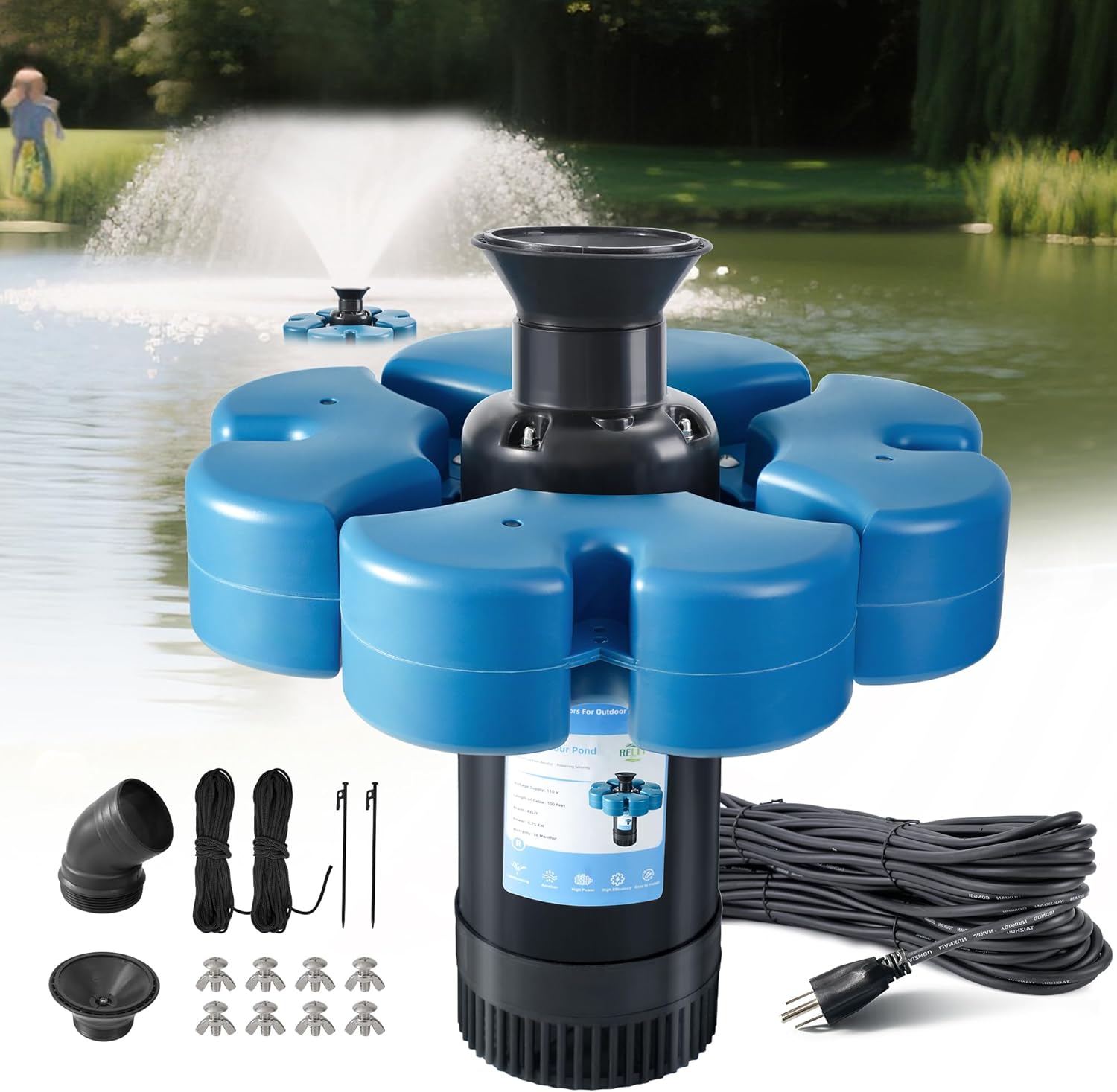 Pond Fountain Aerator, 1HP 110V 15000 GPH Fountain Pump, Fully Automatic Powerful Lake Floating Fountain, 100 FT Power Cord, 2x100 FT Traction Rope, Pond Fountains For Large Ponds