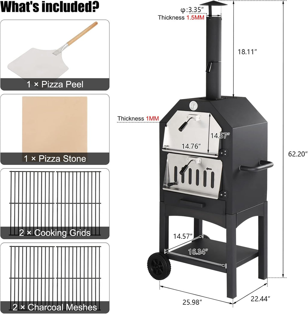 Outvita Outdoor Pizza Oven, Wood Fired Pizza Oven with Adjustable Chimney, Wheels, Pizza Stone, Pizza Peel, Grill Rack for Patio Cooking Picnic Party