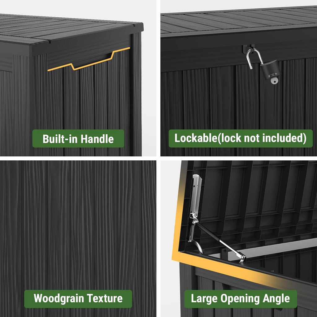 Mars Villa 150 Gallon Outdoor Storage Box, Large Resin Deck Box Waterproof, for Pool Supplies Storage, Outdoor Patio Furniture Cushions, with Hydraulic Hinge, UV-Resistant and Weatherproof, Black