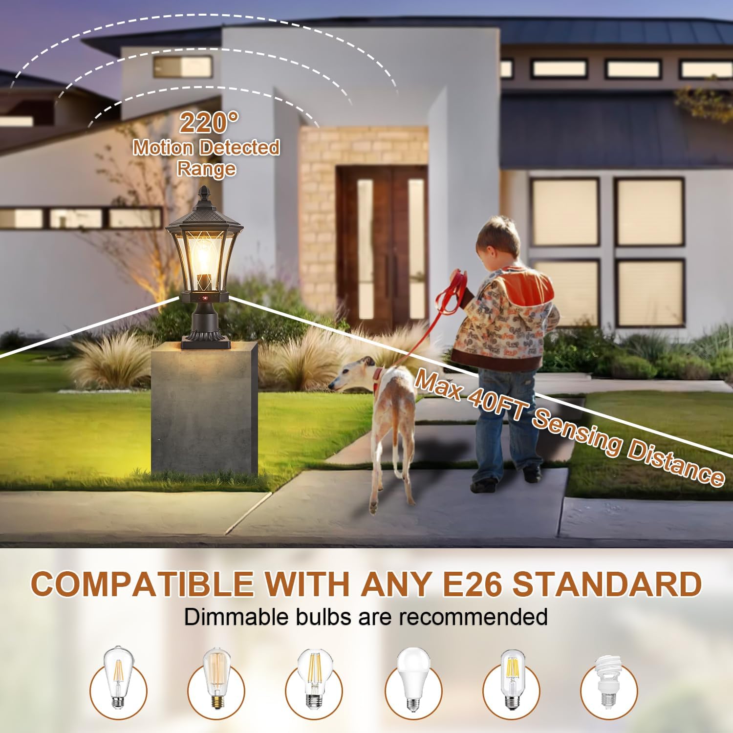 Motion Sensor Outdoor Post Lights with Pier Mount Base, Dusk to Dawn Outdoor Pillar Lamps Waterproof Exterior Post Lamp with Patterned Glass Outdoor Pole Lights for Patio, Porch, Gate