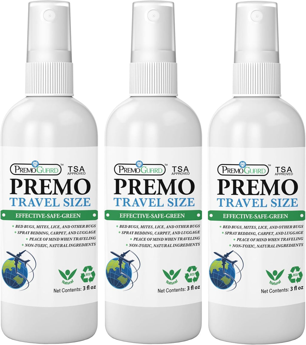 Premo Guard Travel Bed Bug, Mite & Lice Spray 3 oz - TSA Carryon Approved - Natural Stain & Odor Free - Public Transportation, Accommodations & Luggage - Chid & Pet Safe (3 Pack)