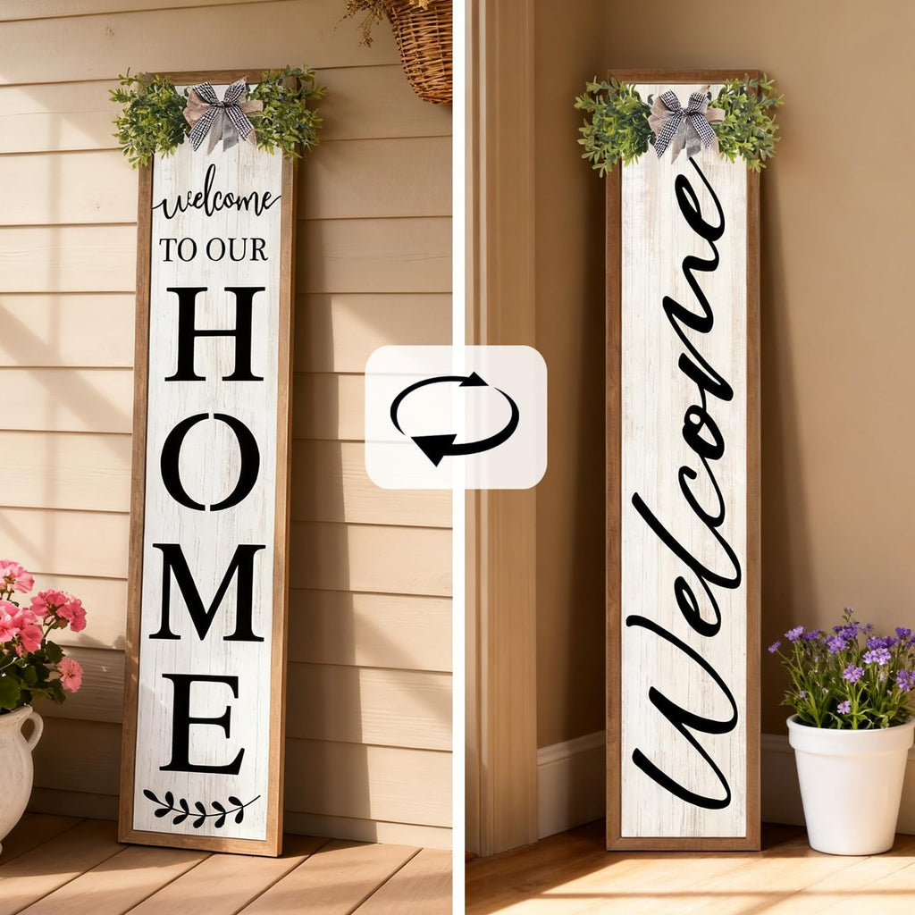 Double-sided Welcome to Our Home Wooden Sign Stand with Magnetic-adhesive Wreath for Front Door, 47" Vertical Farmhouse Welcome Porch Sign for Outdoor Patio Garden, 2in1 Large Tall Porch Leaner Decor