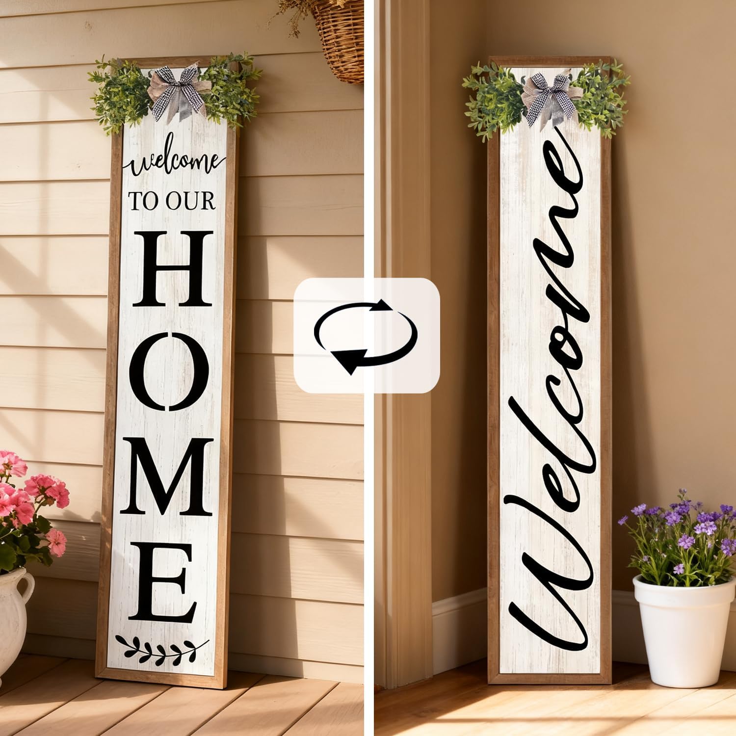 Double-sided Welcome to Our Home Wooden Sign Stand with Magnetic-adhesive Wreath for Front Door, 47" Vertical Farmhouse Welcome Porch Sign for Outdoor Patio Garden, 2in1 Large Tall Porch Leaner Decor