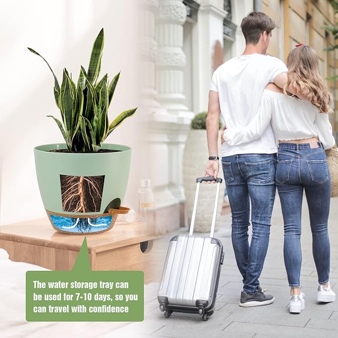 10/9/8 inch Self Watering Pots, Set of 3 Plastic Planters with Mesh Drainage Holes and Deep Reservoir for Indoor Outdoor Garden Plants and Flowers, Green with Brown