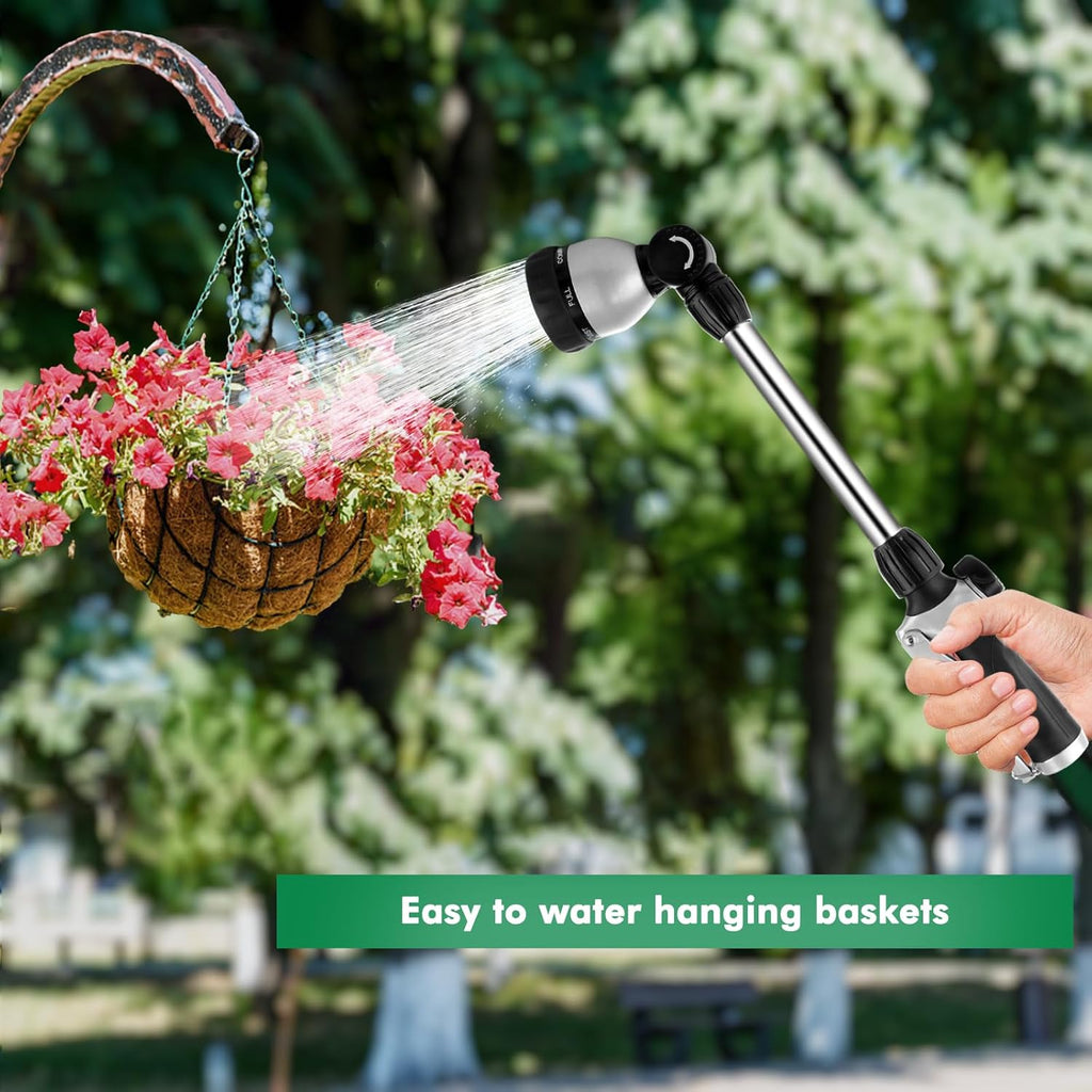 RESTMO Metal Watering Wand, Heavy Duty Garden Hose Wand with 180° Swivel Ratcheting Head, 16'' Hose Nozzle Sprayer with 7 Spray Patterns and Flow Control, for Water Hanging Baskets and Shrubs, Black