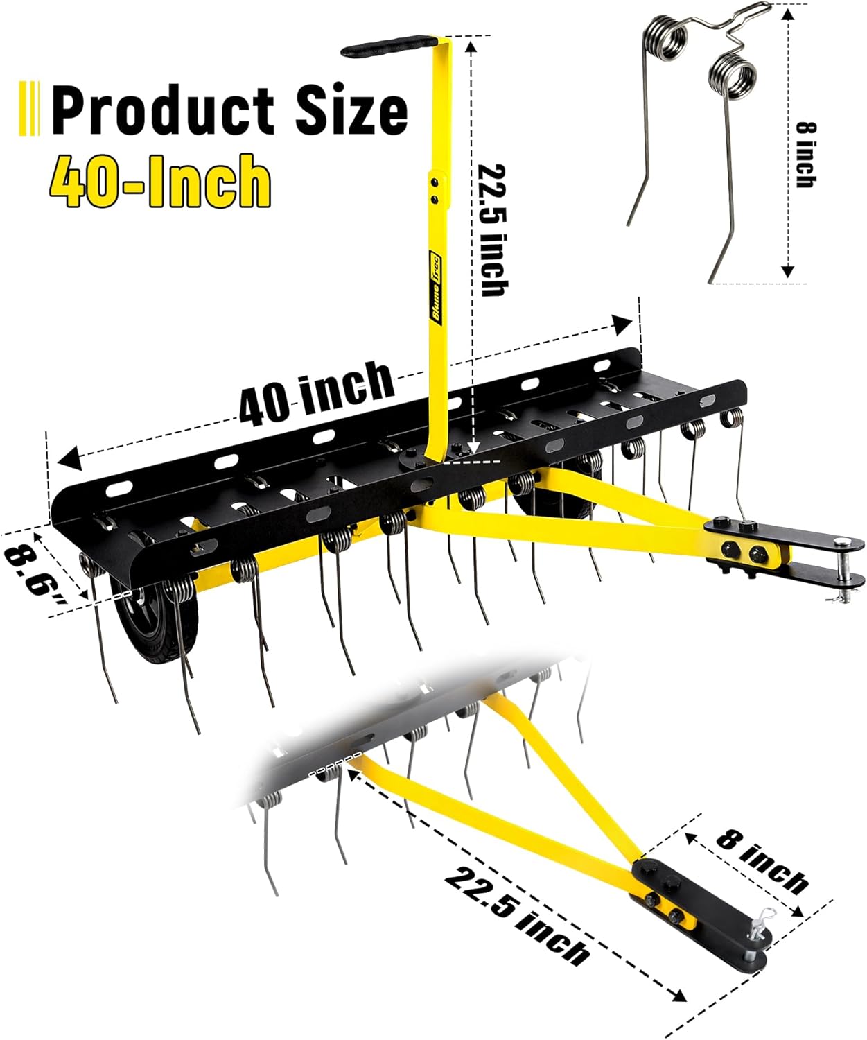 40 Inch Tow Behind Dethatcher, Pull Behind Lawn Dethatcher with 20 Spring Steel Tines, Grass Dethatcher, Removes Thatch, Riding Lawn Tractor for Large Lawns, Yard and Garden Care