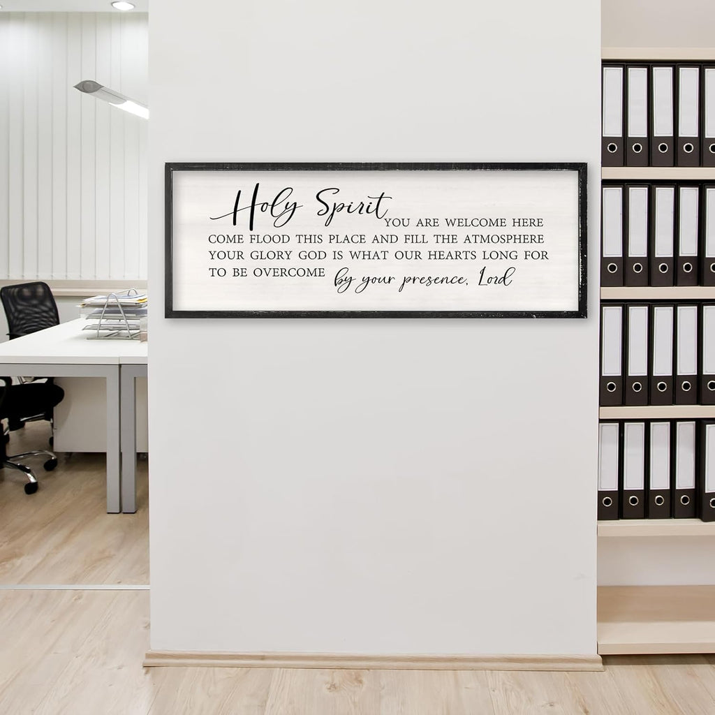 Holy Spirit You are Welcome Here Wall Decor Art 32x12 Inch Large Christian Song Bible Verse Plaque Wood Framed Sign Living Room Scripture Quote Religious For Office Wall Hanging (Black)