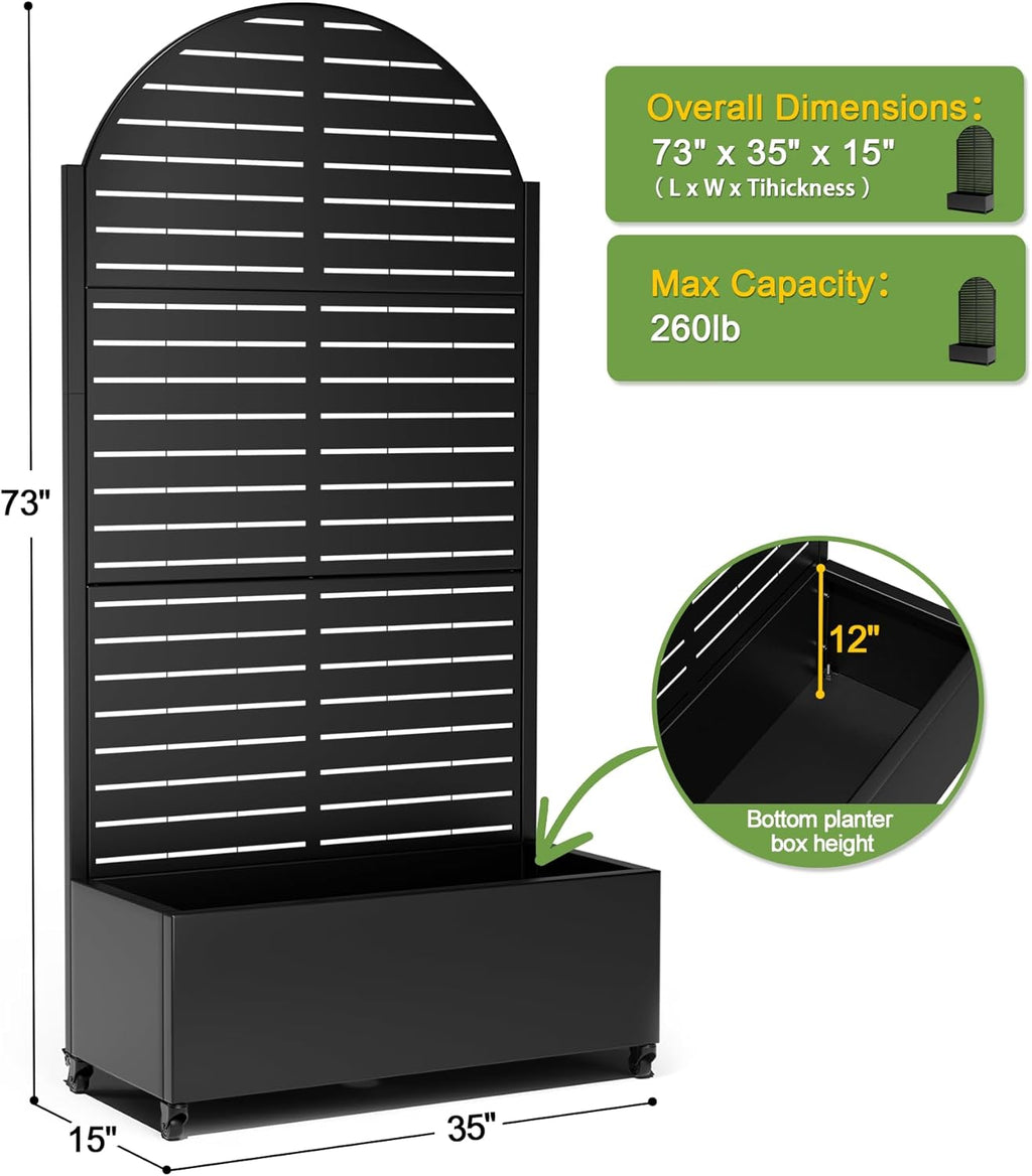 FENCY Metal Raised Garden Bed with Wheels and Trellis,Arched 73"x35"x16" Planter Box for Climbing Plants, Vegetables & Vines, Features Privacy Screen and Drainage Holes (Black-Louvered)