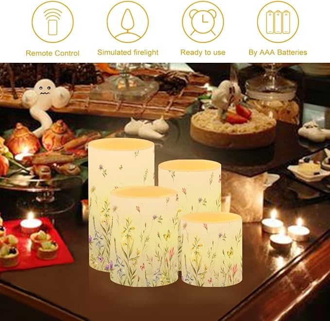 LED Flickering Candles Battery Operated Candles Set of 4 with Remote Control Timer Dancing Flame Pillar Candles Home Table Decoration, Floral Green